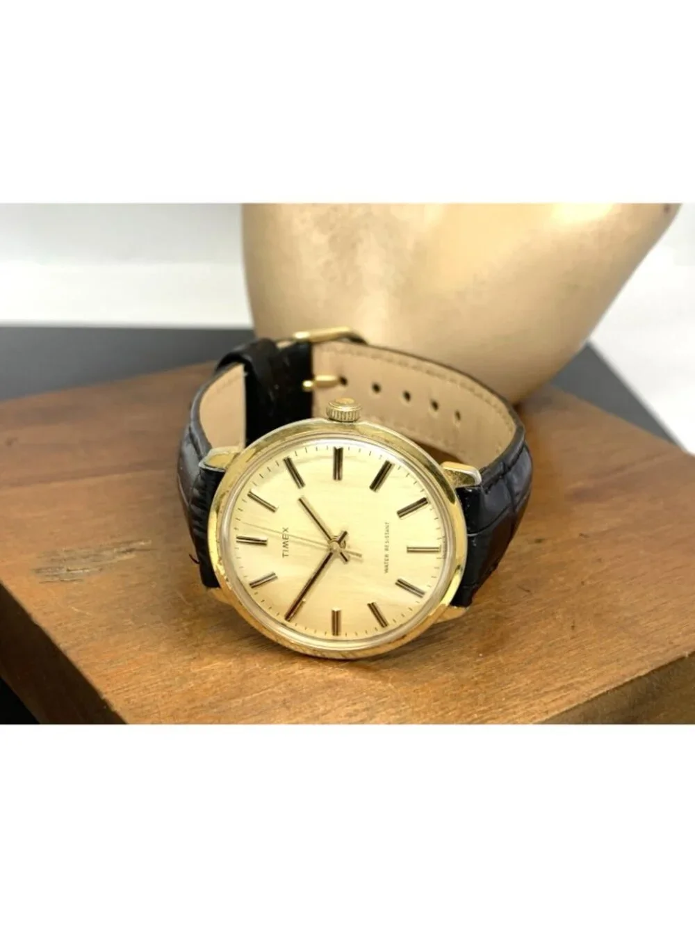Timex Men's Watch Vintage Manual Wind Gold Dial Black Leather Strap 35mm